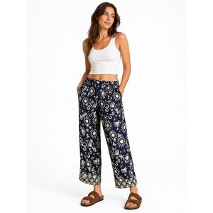 C&C California Linen Lounge Pants Women M Blue Shell Print Coastal Stretch Waist